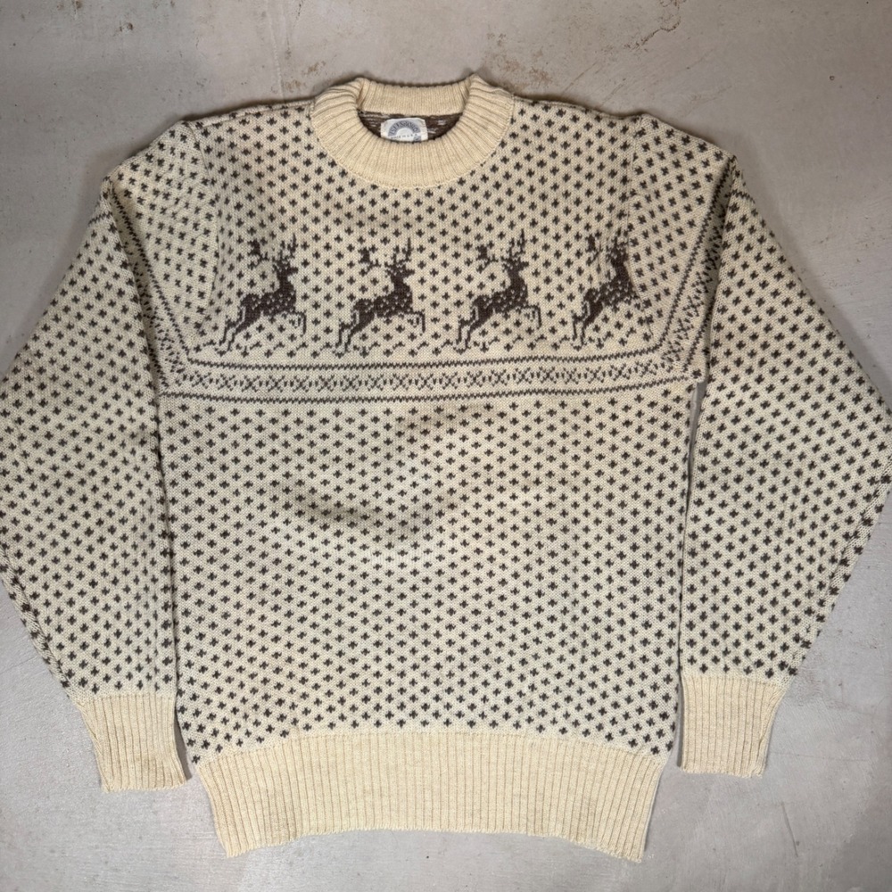 90s Islesboro Knitwear Large Virgin Wool Reindeer Fair Isle Sweater Cream Brown